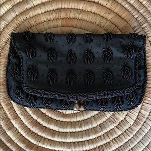 Vintage black satin bead embroidered clutch purse